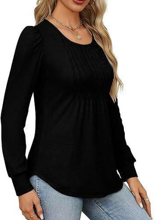 Women's Bubble Sleeve Waist Pleated Round Neck Long Sleeve T-shirt - MimiStylez