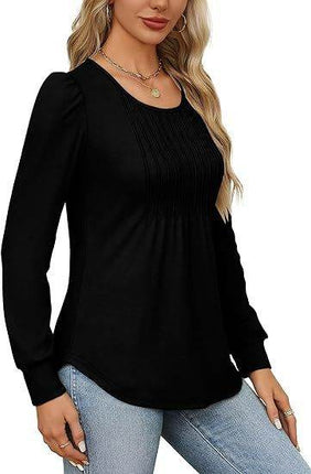 Women's Bubble Sleeve Waist Pleated Round Neck Long Sleeve T-shirt - MimiStylez