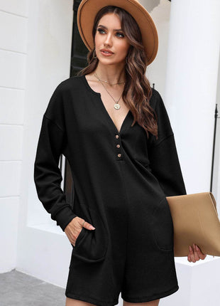 Notched Neck Long Sleeve Romper - MimiStylez