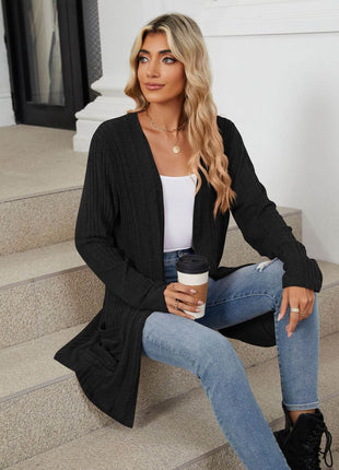 Pocketed Open Front Long Sleeve Cardigan - MimiStylez