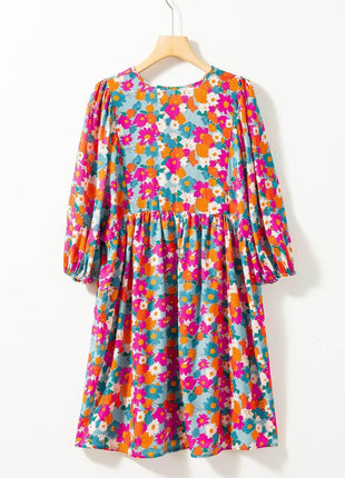 Floral Tie Neck Puff Sleeve Mini Dress - MimiStylez