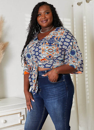 Tie Hem V-Neck Three-Quarter Sleeve Blouse - MimiStylez