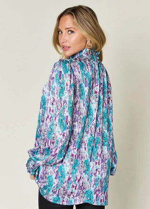 Double Take Full Size Printed Smocked Long Sleeve Blouse - MimiStylez