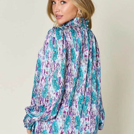 Double Take Full Size Printed Smocked Long Sleeve Blouse - MimiStylez