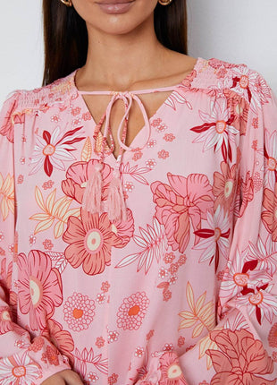 Floral Smocked Tassel Tie Balloon Sleeve Blouse - MimiStylez