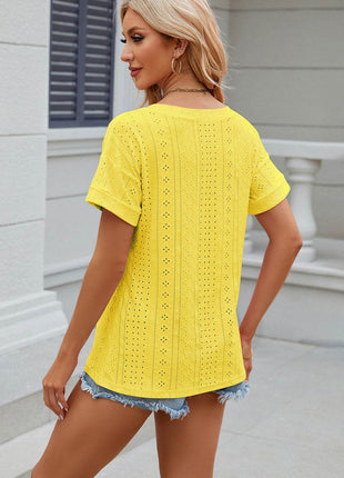 Eyelet V-Neck Short Sleeve T-Shirt - MimiStylez