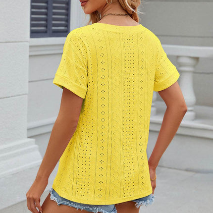 Eyelet V-Neck Short Sleeve T-Shirt - MimiStylez