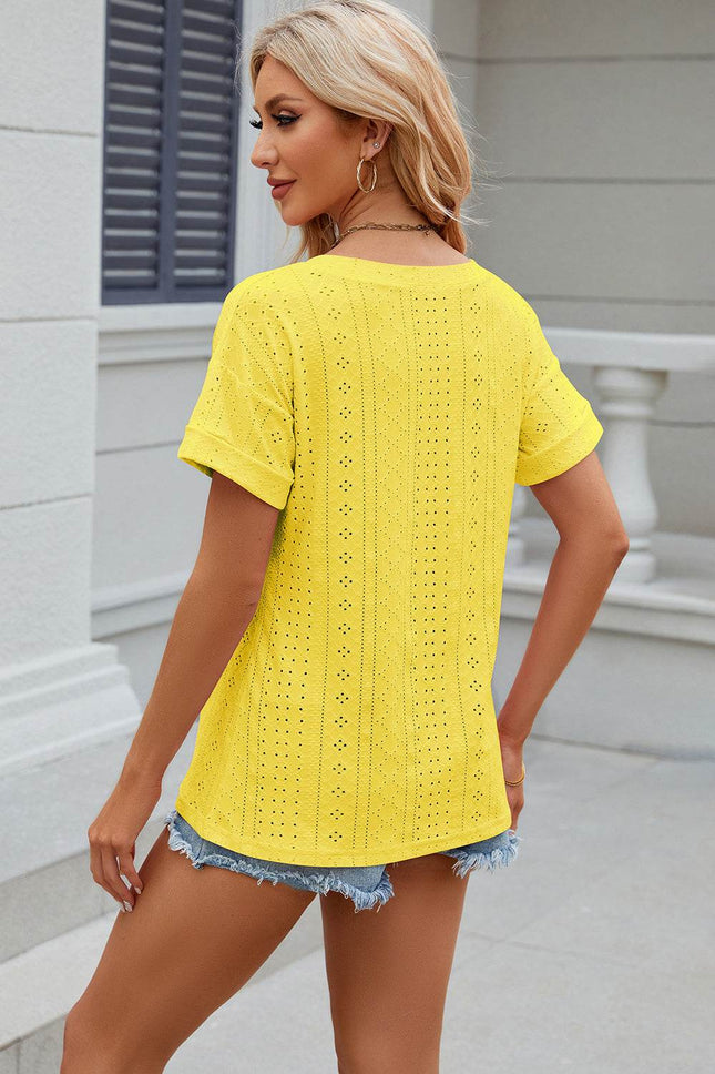 Eyelet V-Neck Short Sleeve T-Shirt - MimiStylez