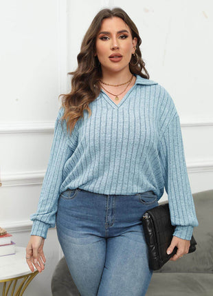 Plus Size Ribbed Collared Neck Long Sleeve Blouse - MimiStylez