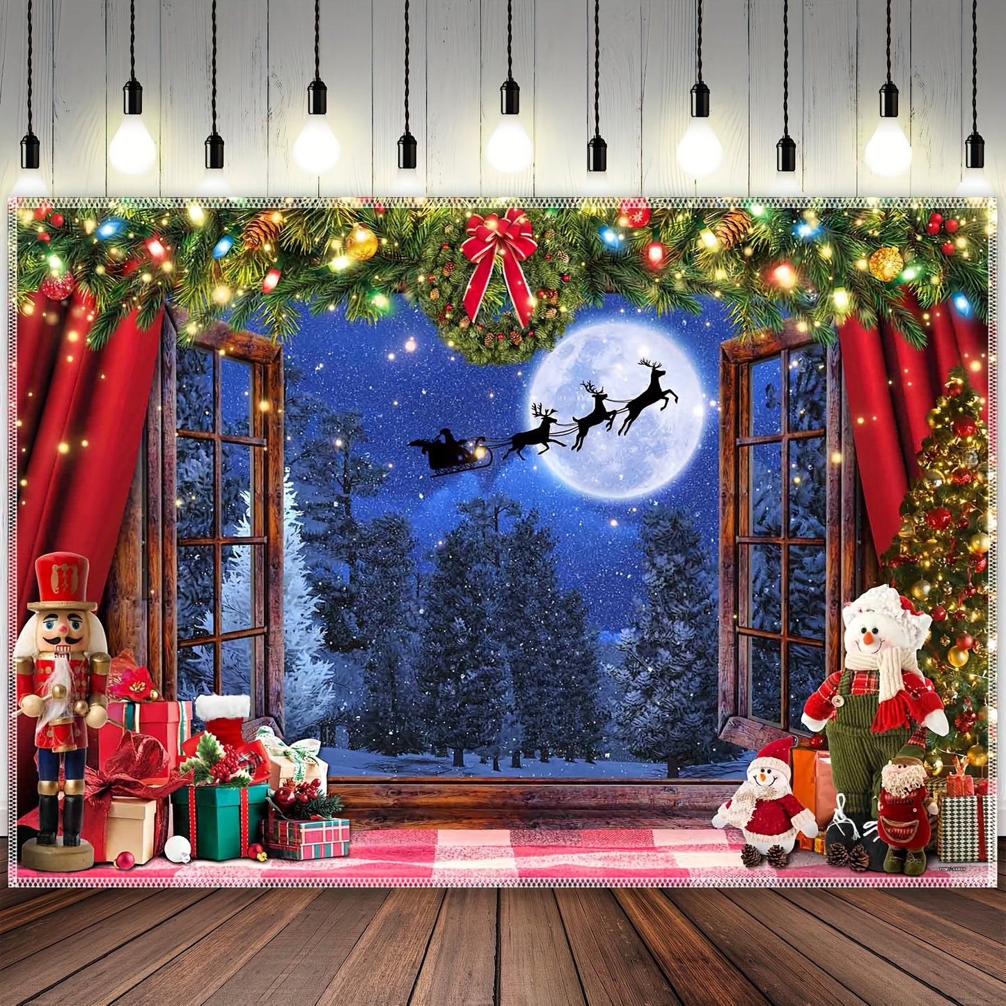 1pc, 7x5ft/8x6ft/10x8ft Winter Wonderland Photography Backdrop - Vibrant Polyester Tapestry with Xmas Tree, Rustic Wooden Window, Moon Night, Santa Claus, and Snow Moon Elk Designs - Ideal for Kids Photo Booths, Studio Props, Holiday Party Decorations