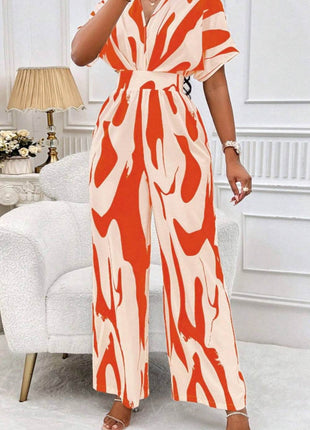 Printed V-Neck Short Sleeve Wide Leg Jumpsuit - MimiStylez
