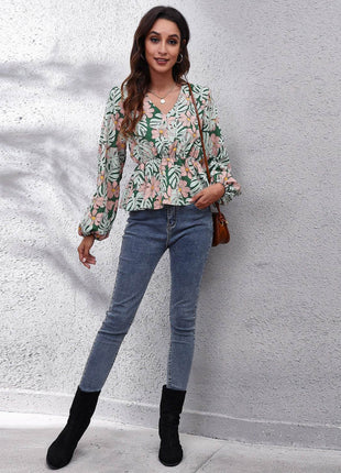 Floral V-Neck Balloon Sleeve Peplum Blouse - MimiStylez