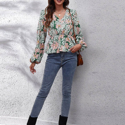 Floral V-Neck Balloon Sleeve Peplum Blouse - MimiStylez