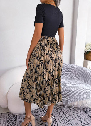 Printed Round Neck Pleated Dress - MimiStylez