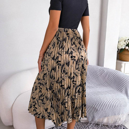 Printed Round Neck Pleated Dress - MimiStylez
