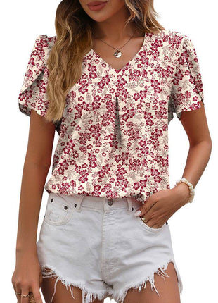 Women's Casual V-neck Chiffon Shirt Puffed Sleeve - MimiStylez