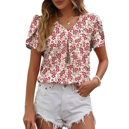 Women's Casual V-neck Chiffon Shirt Puffed Sleeve - MimiStylez