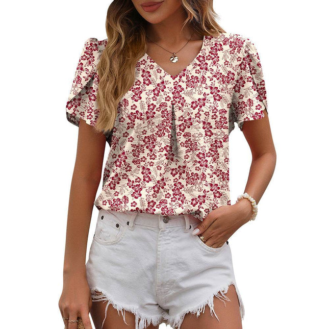 Women's Casual V-neck Chiffon Shirt Puffed Sleeve - MimiStylez