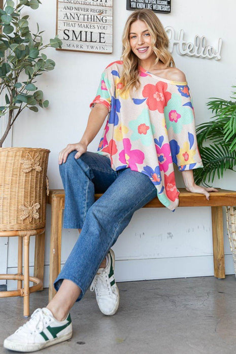 HOPELY Floral Waffle Oversize T-Shirt - MimiStylez