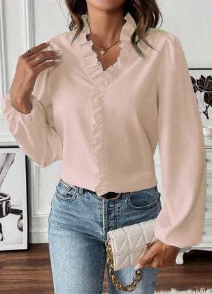 Ruffled V-Neck Long Sleeve Blouse - MimiStylez