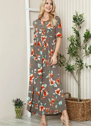 BOMBOM Floral Round Neck Short Sleeve Maxi Tee Dress - MimiStylez