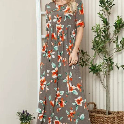 BOMBOM Floral Round Neck Short Sleeve Maxi Tee Dress - MimiStylez
