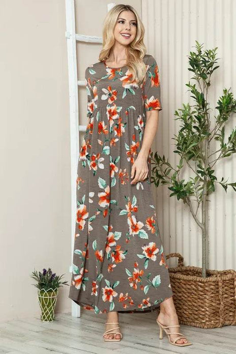 BOMBOM Floral Round Neck Short Sleeve Maxi Tee Dress - MimiStylez