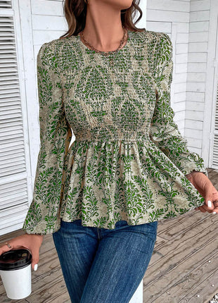 Smocked Printed Balloon Sleeve Blouse - MimiStylez