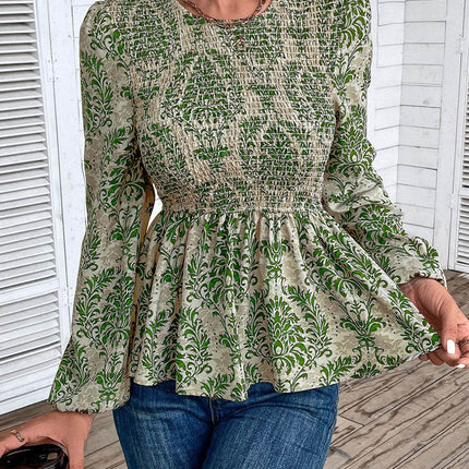 Smocked Printed Balloon Sleeve Blouse - MimiStylez