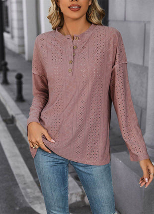 Eyelet Round Neck Long Sleeve Top - MimiStylez
