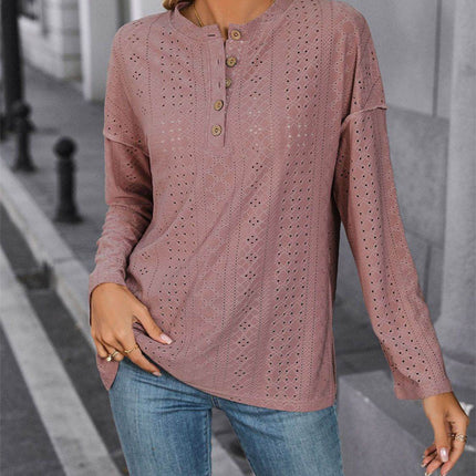 Eyelet Round Neck Long Sleeve Top - MimiStylez