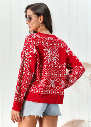Snowflake Pattern Round Neck Sweater - MimiStylez