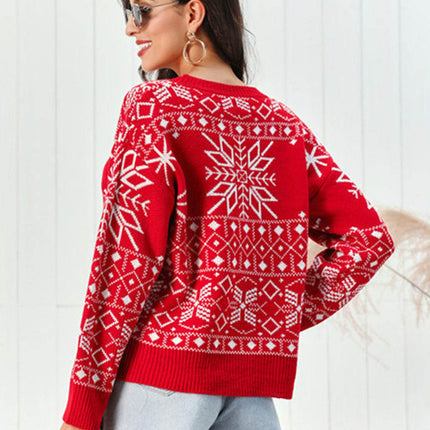Snowflake Pattern Round Neck Sweater - MimiStylez