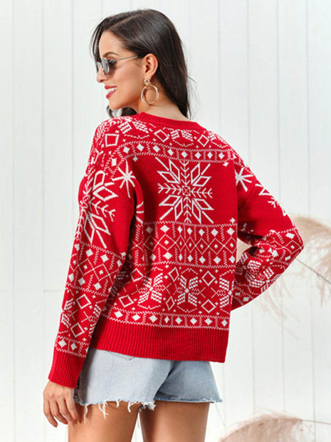 Snowflake Pattern Round Neck Sweater - MimiStylez