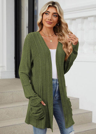 Pocketed Open Front Long Sleeve Cardigan - MimiStylez