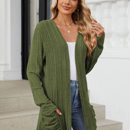 Pocketed Open Front Long Sleeve Cardigan - MimiStylez