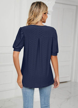 Eyelet Short Puff Sleeve Notched Neck Top - MimiStylez