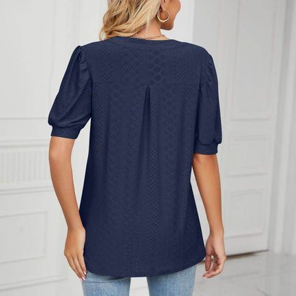 Eyelet Short Puff Sleeve Notched Neck Top - MimiStylez