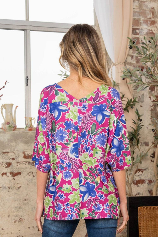 Sew In Love Full Size V-Neck Floral Half Sleeve Top - MimiStylez