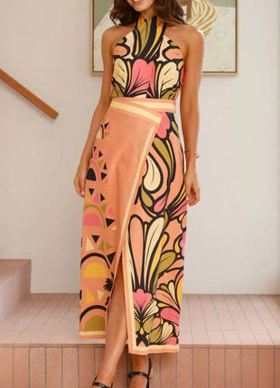 Printed Halter Neck Crop Top and Skirt Set - MimiStylez