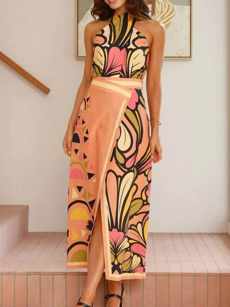 Printed Halter Neck Crop Top and Skirt Set - MimiStylez