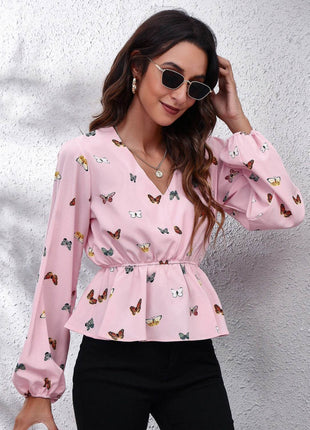 Butterfly V-Neck Balloon Sleeve Peplum Blouse - MimiStylez