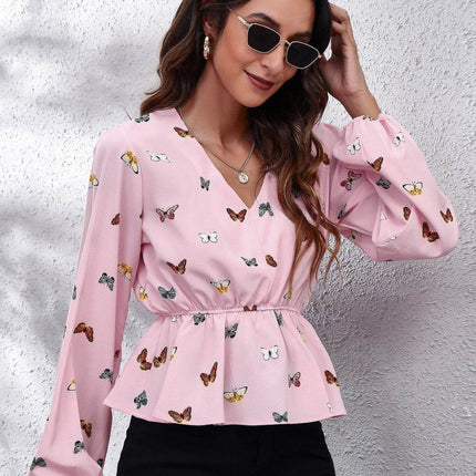 Butterfly V-Neck Balloon Sleeve Peplum Blouse - MimiStylez