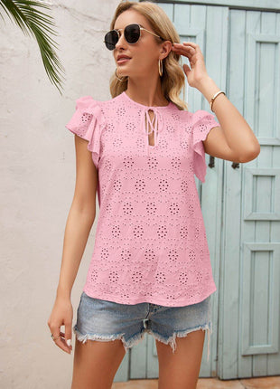 Eyelet Tie Neck Flutter Sleeve Blouse - MimiStylez