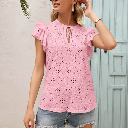 Eyelet Tie Neck Flutter Sleeve Blouse - MimiStylez