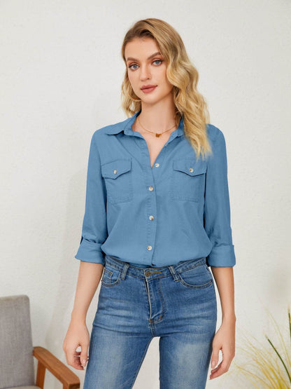 Pocketed Button Up Long Sleeve Denim Shirt - MimiStylez