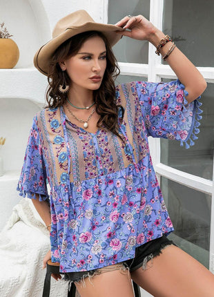 Plus Size Printed V-Neck Half Sleeve Blouse - MimiStylez