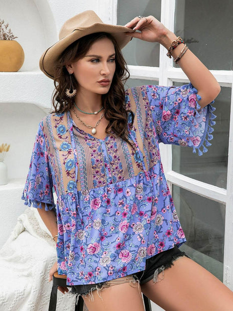 Plus Size Printed V-Neck Half Sleeve Blouse - MimiStylez
