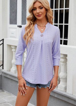 Eyelet Notched Knit Jacquard Top - MimiStylez