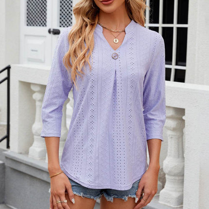 Eyelet Notched Knit Jacquard Top - MimiStylez